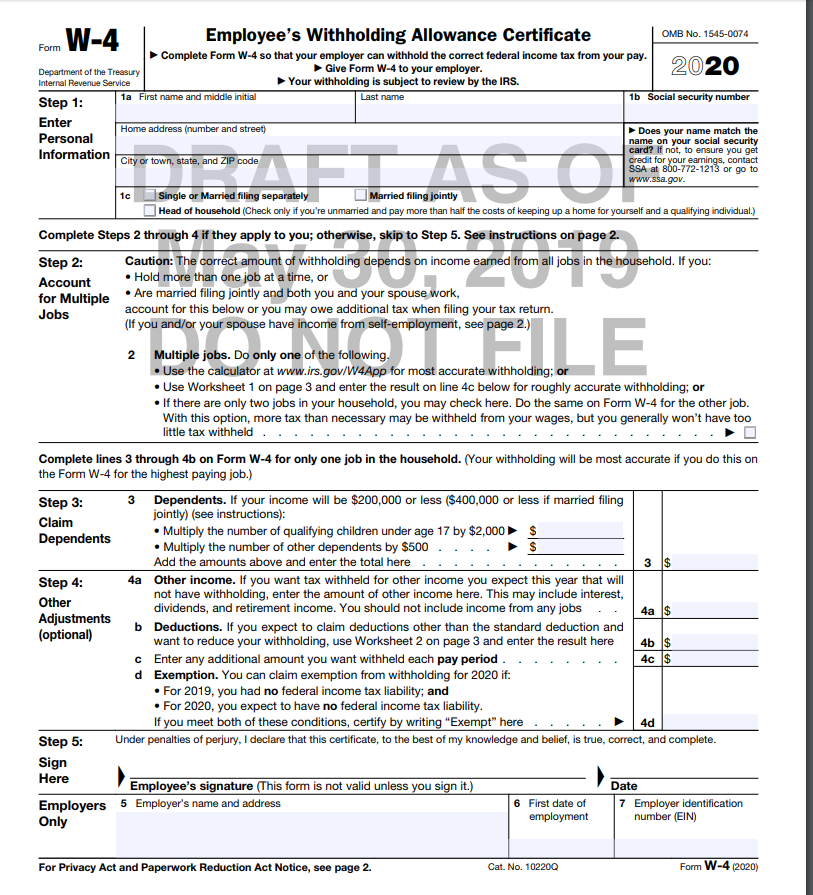 IRS Releases Draft 2020 W 4 Form