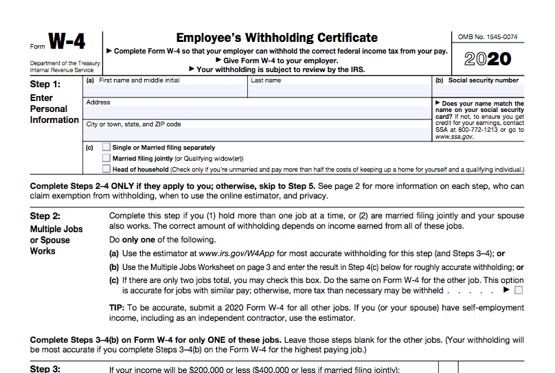 W4 2020 Form Printable IRS