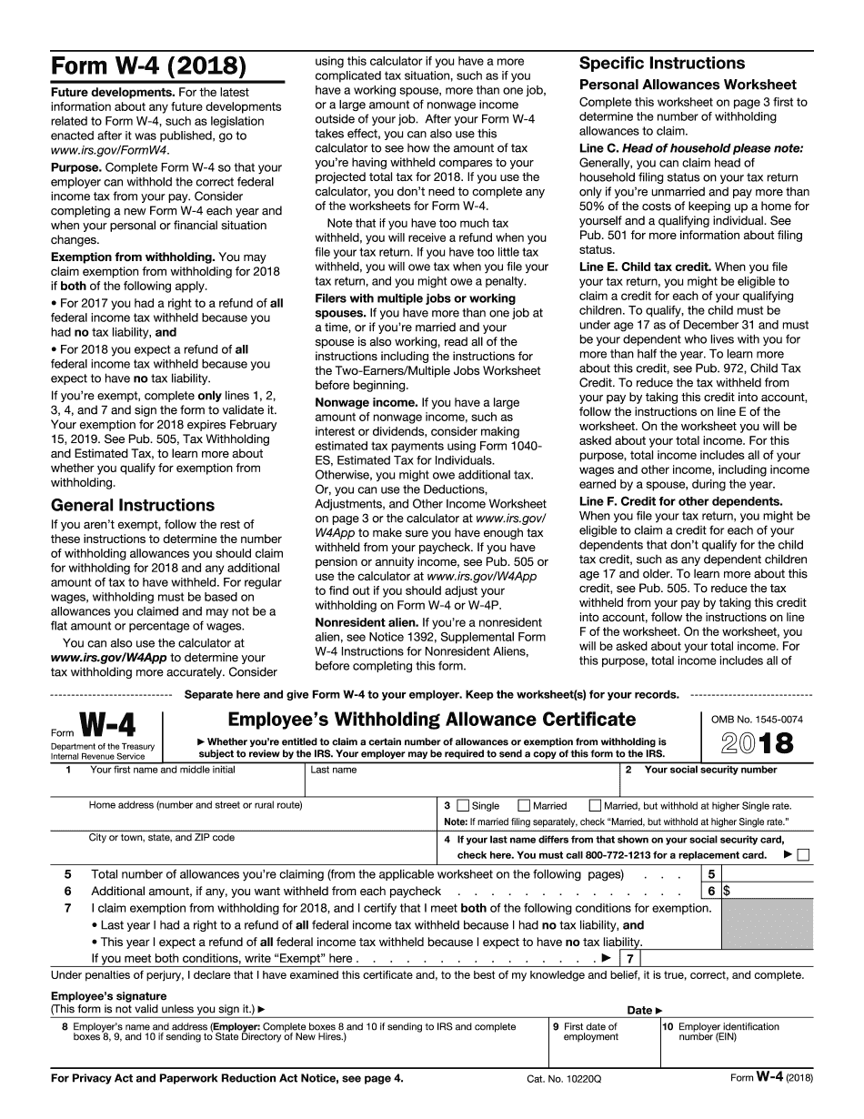 W 4 Form 2018 Printable IRS Blank Download PDF