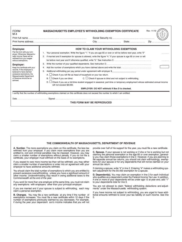 Massachusetts M 4 Form 2021 2022 W4 Form