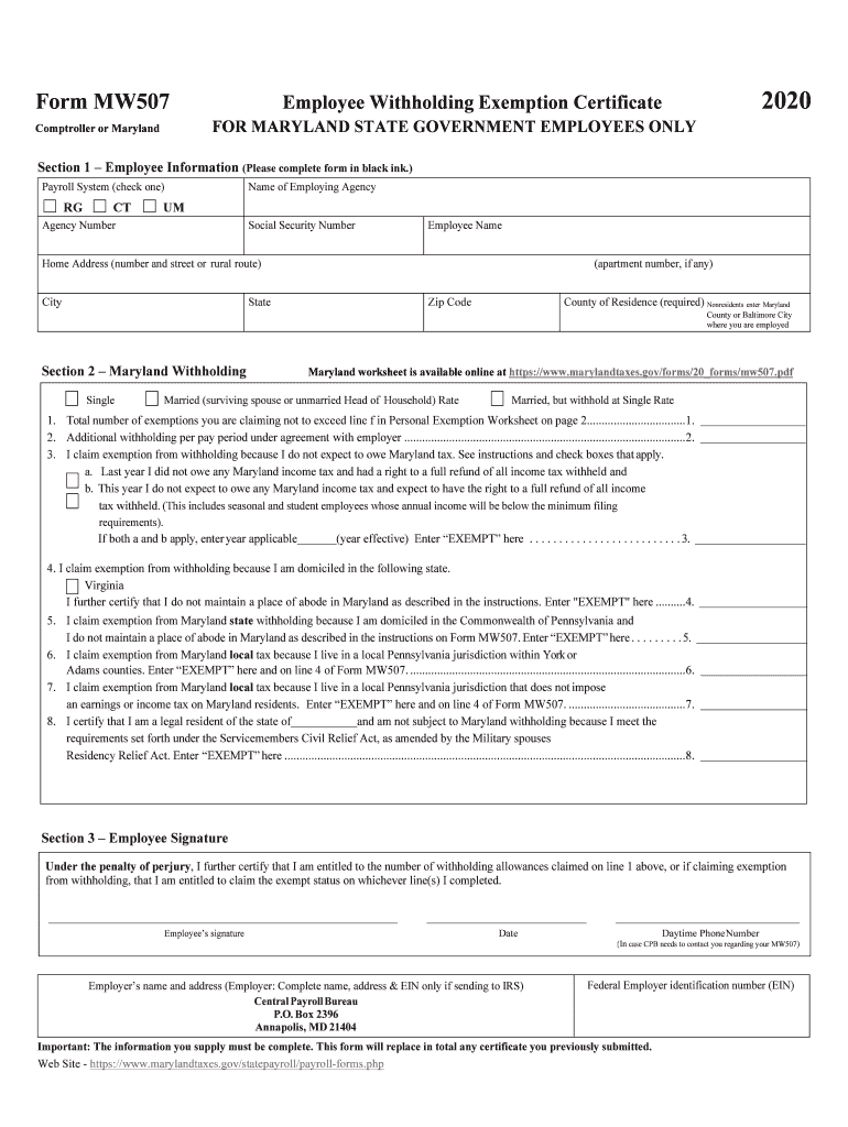 2020 Form Md Bcps Employee Combined Withholding Allowance 