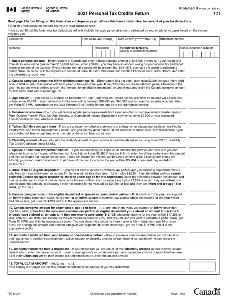 2021 Personal Tax Credits Return Canada Ca Fill Out And 