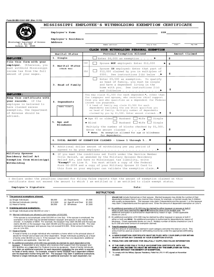 Mississippi Employee Withholding Form 2021 2022 W4 Form   Employee S Withholding Exemption Certificate Mississippi 