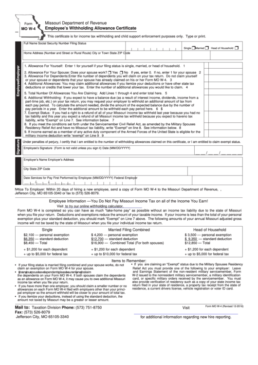 Missouri State Tax Form W4 2022 W4 Form   Fillable Form Mo W 4 Employee S Withholding Allowance 