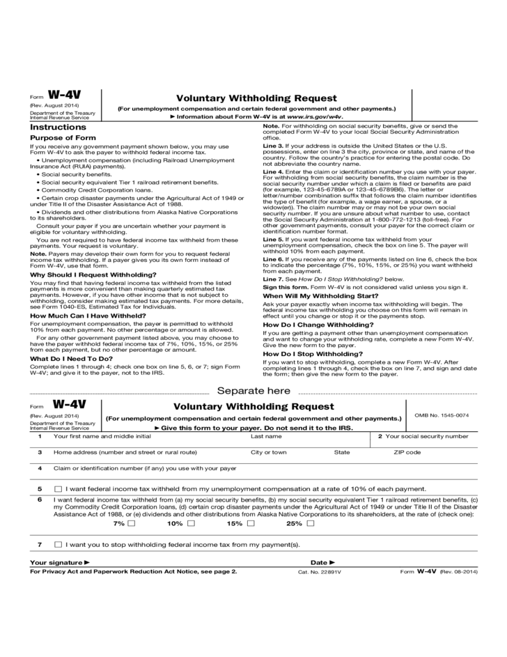 Form W 4V Voluntary Withholding Request 2014 Free Download