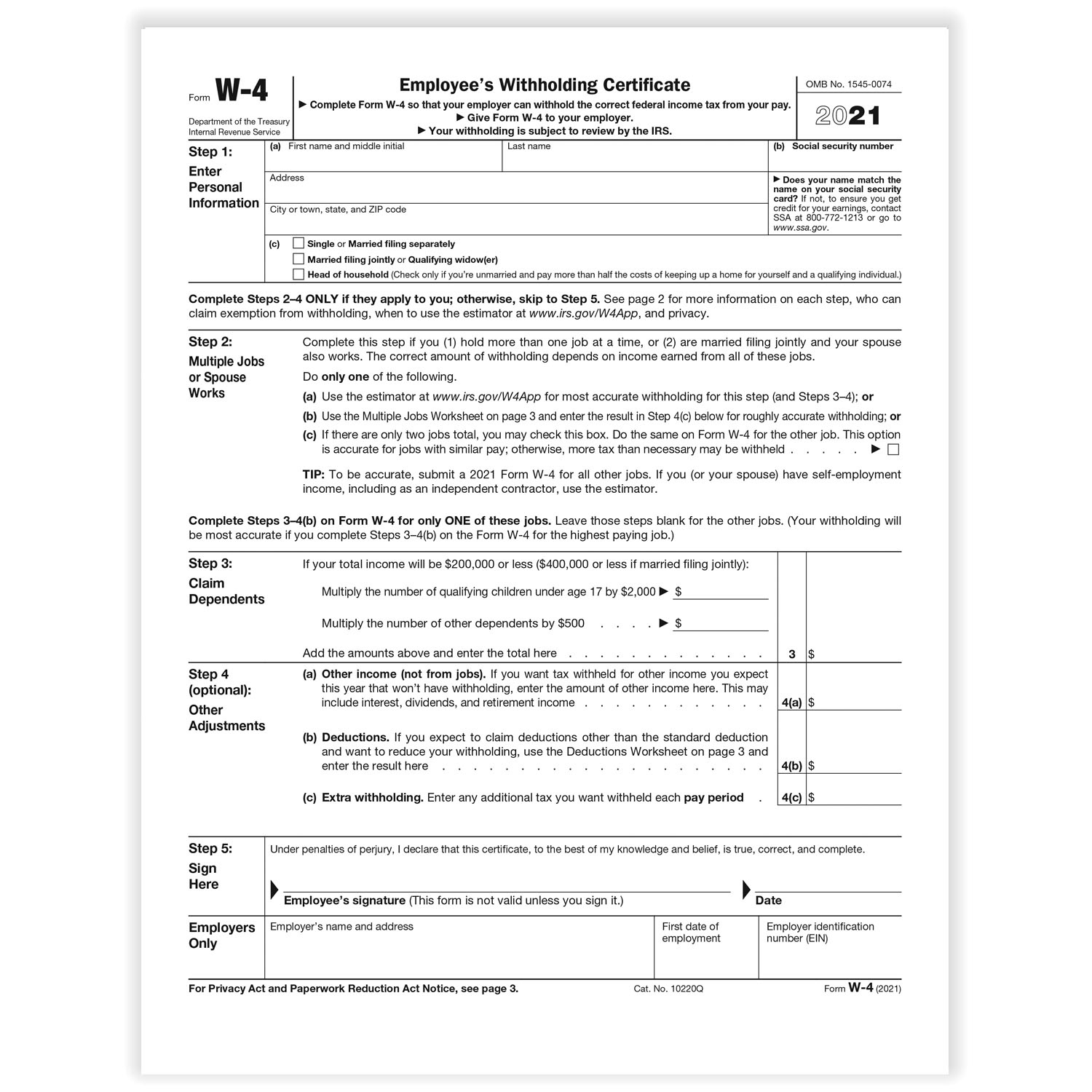 IRS Withholding Form W 4 2021 2022 W4 Form