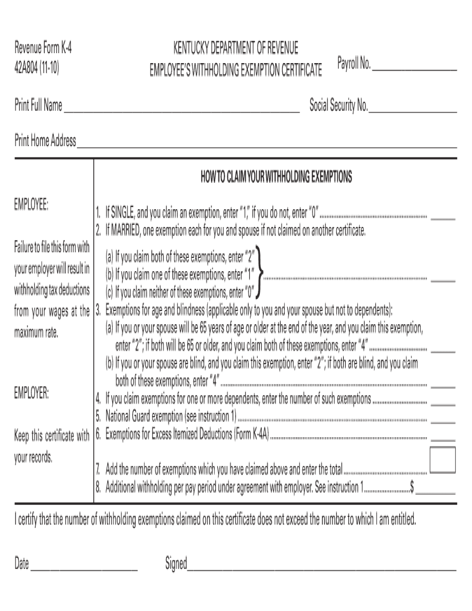 Revenue Form K 4 Printable Kentucky W 4 Form Employee s 