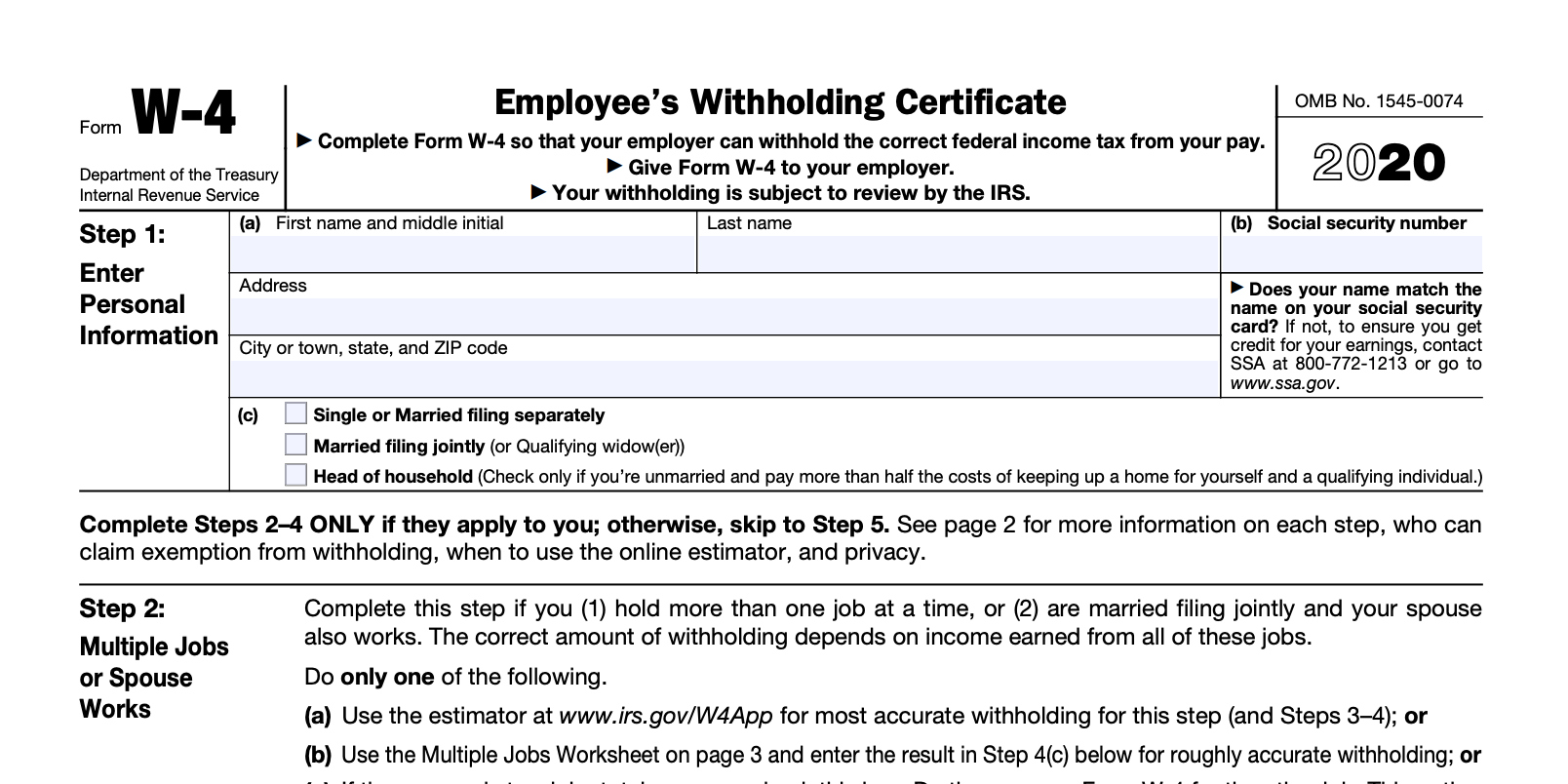 W 4 Form Printable For 2020 Get IRS W4 Form Sample To 